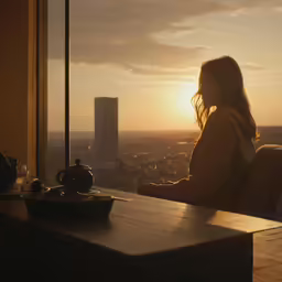 a woman sitting on top of a wooden table in front of a window