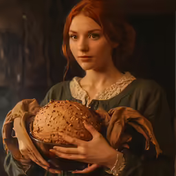 an oil painting of a woman holding a large loaf