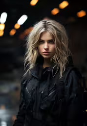 a blonde girl with blonde hair wearing black is posing,the blonde girl is wearing a black jacket