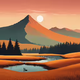 a man standing next to a small lake in the middle of a field,a small pond sits near a mountain range at sunset