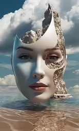 a female head with clouds, water and a rock formation in the background