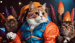 a cat sitting on top of a table next to different types of clothes