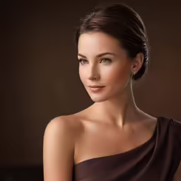 a woman poses in an one - shouldered dress