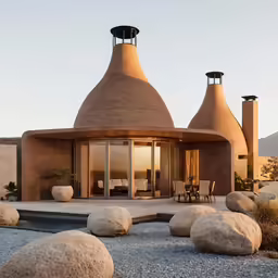 an outdoor living room with large stone formations