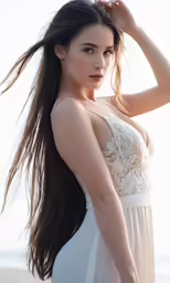 woman standing in front of the ocean with long dark hair