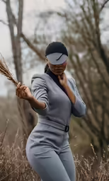 a woman in a gray bodysuit holds a stalk of wheat in her right hand
