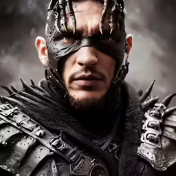 man with heavy armor and leather gloves wearing chains