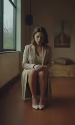 a woman sitting in front of a window next to a bed