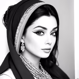 a woman in pearls and black clothing with necklaces