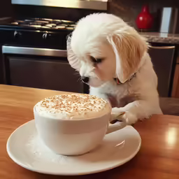 a small white dog sits in front of a cup of coffee
