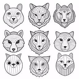 the fox, wolf and other animal heads are drawn with ink on paper