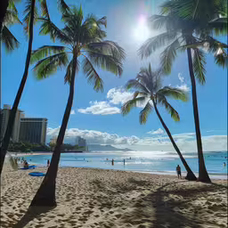 people are standing on a beach next to palm trees,two people and surfboarders walk towards the ocean through palm trees