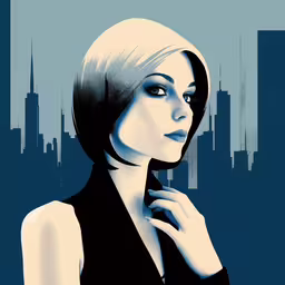 a woman with blonde hair is looking into the distance,a woman is standing in front of a city background