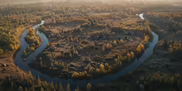 a view from above, looking across an area where water has flowing and evergreens are also