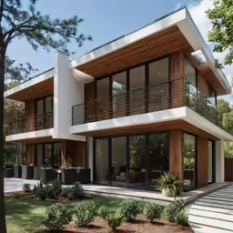 a contemporary home with a wooden railing and glass windows