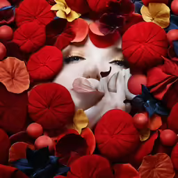a woman in flowers has her face hidden by a large group of leaves