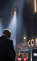 man in suit and tie looking over a podium