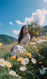 a young woman sitting on the ground surrounded by wildflowers