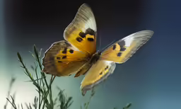 a single butterfly sitting on the tip of a leaf