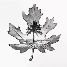 a leaf with two small trees on the back and a cloudy sky behind it