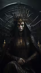 a woman dressed in gold and black sits on a throne,a woman wearing a demon costume sitting in front of a wheel