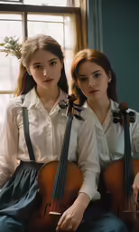 two girls in school uniform holding musical instruments