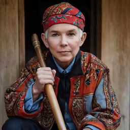 an elderly man holds a stick as he squats in front of a wooden cabin