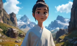 a cartoon girl stands outside on a hilltop with mountains and a meadow in the background