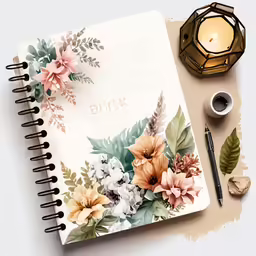 an empty spiral notebook next to a candle and a small container