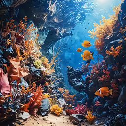 many colorful sea creatures that are floating in the water
