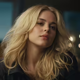 blond woman with shoulder length hair and no makeup looking to the side