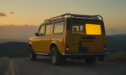 the yellow truck is driving down a mountain road