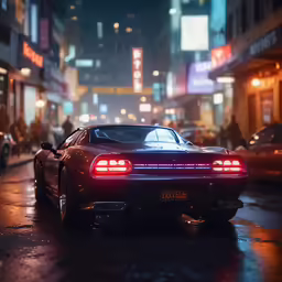 a car on the street at night in a busy city