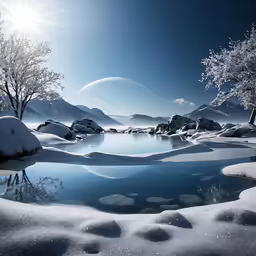 there are two trees that are on the shore of a lake