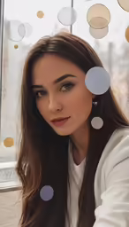 a woman with white and blue dots is looking out of a window