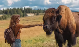a beautiful young lady touching a very cute bison