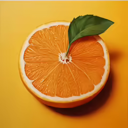 a cut in half orange on a yellow background