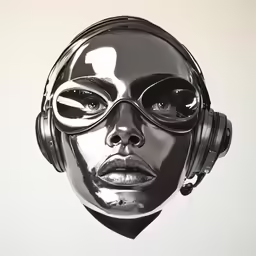 an artistic woman in headphones and a suit with a hood up