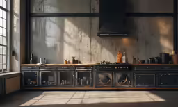 a stove sits against a wall in an industrial kitchen