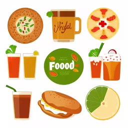 food, drink, and other foods are grouped together,there are many types of foods and drinks together,a bunch of foods that are on a table,food and drinks with a green plate next to it,a table topped with different types of food