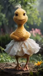 a duck wearing a tutu skirt is standing