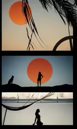 two images of people standing on the cliff with a sunset behind them