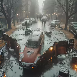 cars parked near a street covered in snow