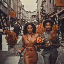 the two women are walking down the street holding flowers