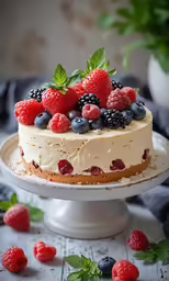 the cake is covered with berries, raspberries, and mint leaves