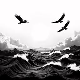 two black and white birds flying above some water