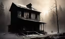 an old abandoned house in the wintertime with snow,a creepy house sits in the middle of a dark forest