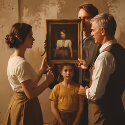 a girl holding an image of a woman being put on by the family