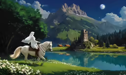 a man riding on the back of a white horse through a forest