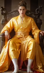 a woman in a golden outfit sitting on a chair